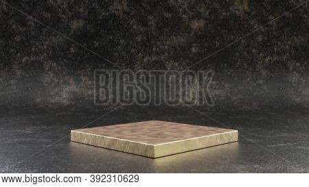 Golden Rhombus Podium Isolated On Black Metal Background. 3d Rendered Minimalistic Abstract Backgrou