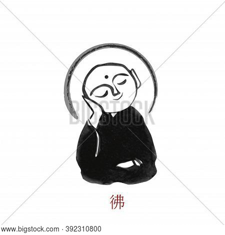 Little Jizo Buddha Hand Drawn With Ink On White Background. Traditional Oriental Ink Painting Sumi-e
