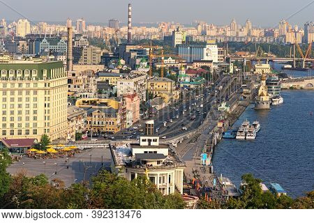 Kyiv, Ukraine-september 26, 2020:aerial Landscape View Of Kyiv. Poshtova Square (postal Square) Is O