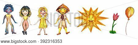 Set Of Isolated Cartoon Children On A White Background. International Children's Day. European Girls