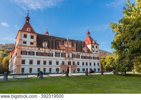 Graz, Austria-october 14, 2019: Colorful Autumn Colors, Bright Blue Sky In The Park And Eggenberg Pa