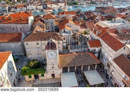 Trogir, Croatia - September 8, 2019: Trogir old town cityscape. with historic buildings, Croatia. Trogir old town square and clock tower top view