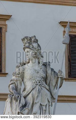 Graz, Austria-october 14, 2019: Statue In Front Of Eggenberg Palace, The Most Significant Baroque Pa