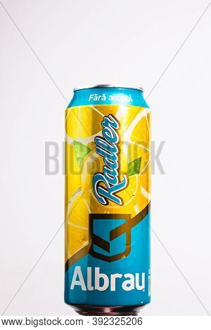 Albrau Radler Beer From Romanian Local Brewery Isolated. Detail Photo Of Beer Can In Bucharest, Roma