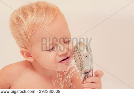 Happy Little Boy In Bath. Little Baby Washing With A Bubbles. Bubble Bath. Bubble Bath Time