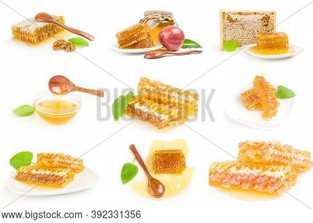 Collage Of Sweet Honey Isolated On A White Background