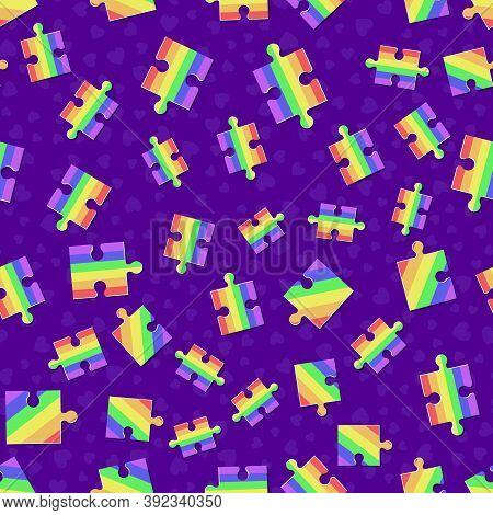 Seamless Pattern Lgbt Rainbow Puzzles On A Fiolet Background