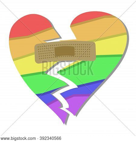 Broken Heart With Plaster. Simple Single Icon. Lgbt Style Heart Drawing Isolated On White Background