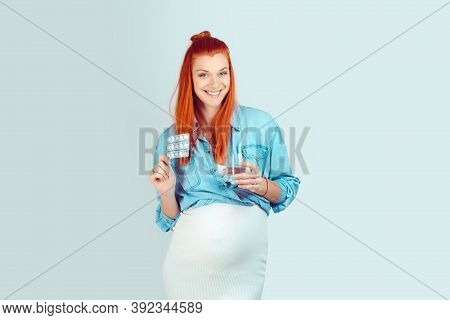 Don't Forget About Your Pills, Vitamins, Minerals, Supliments. Wonderful Young Model With Glass Of W