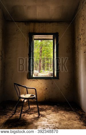 Room Of An Abandoned House Where You See A Sale Overlooking The Forest And A Chair