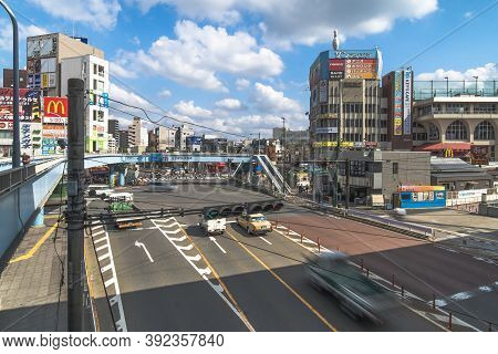 Tokyo, Japan - October 09 2018: Oji City Crossing Intersection In Front Of Jr Oji Station In Kita Di
