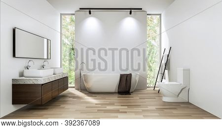 Modern Contemporary Bathroom With Empty White Wall Backdrop 3d Render. Room With Wood Floors. There 