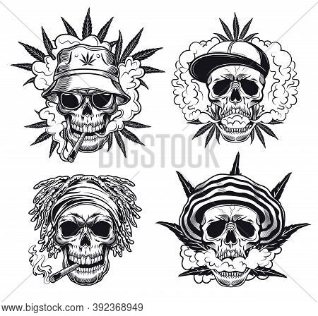 Rastaman Skulls Vector Illustrations Set. Collection Of Monochrome Characters Heads In Panamas And C
