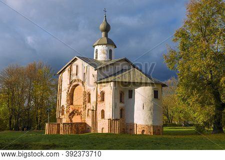 Ancient Church Of Paraskeva Friday On A Cloudy October Day. Veliky Novgorod, Russia