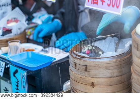 Kumamoto Prefecture, Japan - January 01 2020 : Kumamon Steamed Dumpling, A Local Food Sell In Sakura
