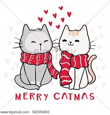 Cute Happy Couple Cat In Red Christmas Winter Scarf, Merry Catmas With Heart In Background, Idea For