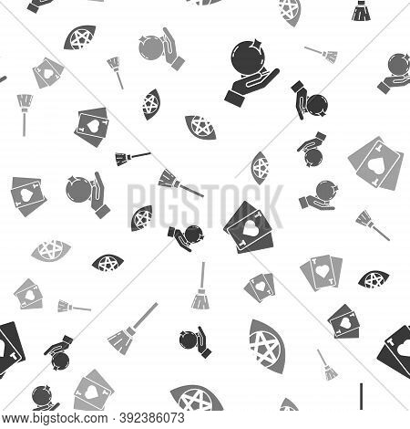 Set Magic Ball On Hand, Pentagram, Playing Cards And Witches Broom On Seamless Pattern. Vector