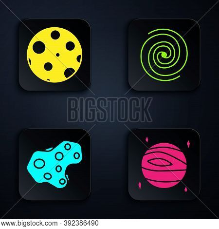 Set Planet Venus, Moon, Asteroid And Black Hole. Black Square Button. Vector