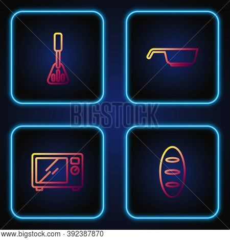 Set Line Bread Loaf, Microwave Oven, Spatula And Frying Pan. Gradient Color Icons. Vector