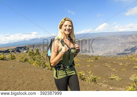 The Hawaii Volcano Tourist Woman At Halemaumau Crater In Kilauea Caldera In Hawaii Volcanoes Nationa