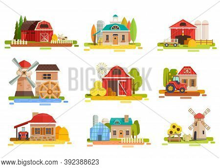 Farm Flat Collection With Doodle Style Scenery Images Of Mill Facilities Haymows Warehouse And Agrim