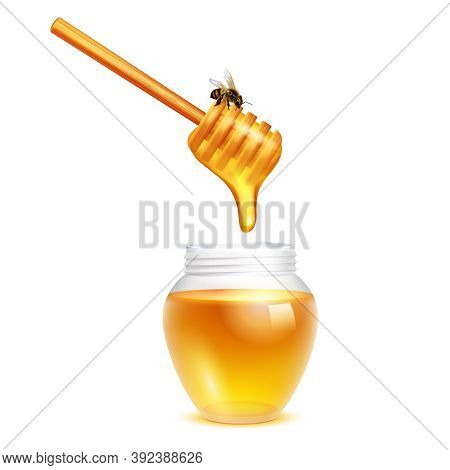 Honey Dripping From Dipper Stick With Honeybee In Glass Jar Realistic Design Concept On White Backgr