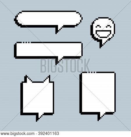 Collection Set Of Retro Game 8 Bit Line Pixel Speech Bubble Balloon Black And White Color With Shado