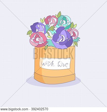 Vector Image Of Flowers In A Beautiful Box And The Inscription With Love, Full-color Drawing, Hand-d
