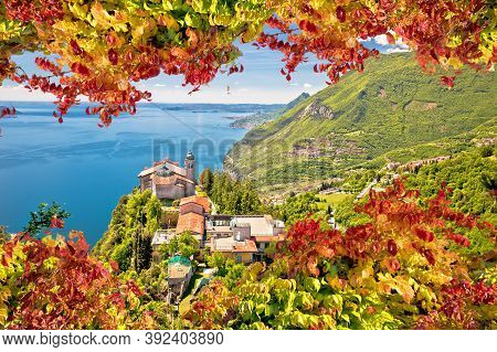 Madonna Di Montecastello Hermitage Above Lago Di Garda Autumn Foilage View, Lombardy, Italy