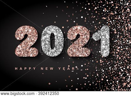 2021 Happy New Year Banner With Rose Gold And Silver Numbers On Black Background With Spraing Confet