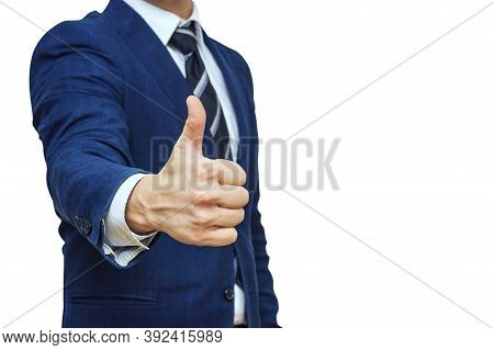 Businessman Shows Thumb Up Sign Gesture. Nonverbal Communication. Like, Ok, Perfect, Good Job, Prais