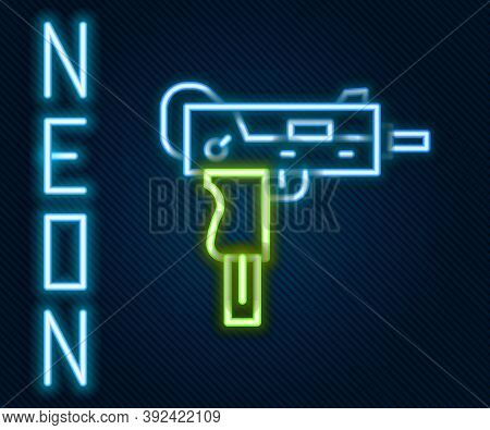 Glowing Neon Line Uzi Submachine Gun Icon Isolated On Black Background. Automatic Weapon. Colorful O