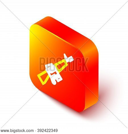 Isometric Line M16a1 Rifle Icon Isolated On White Background. Us Army M16 Rifle. Orange Square Butto
