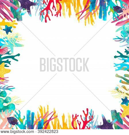 Coral Reef Watercolor Illustration Square Frame. Hand Drawn Underwater Sea Life Decorative Frame. Be