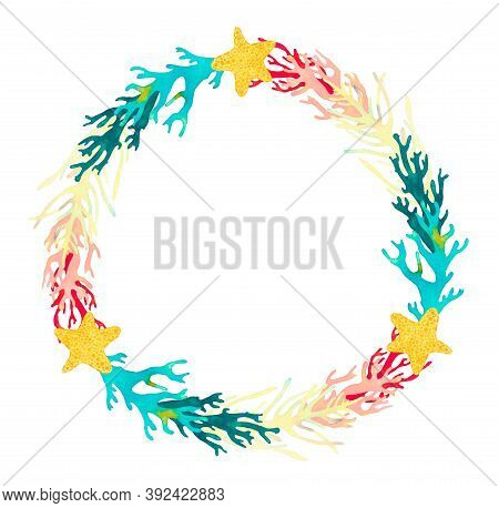 Coral Reef Watercolor Illustration Round Frame. Hand Drawn Underwater Sea Life Decorative Frame. Bea