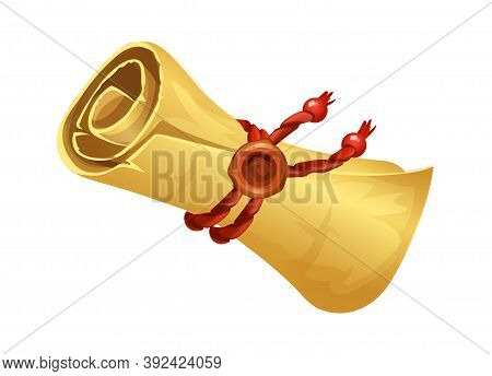 Cartoon Ancient Scroll. Yellow Rolled Paper Tied With Red Rope And Wax Seal. Document Or Map On Old 