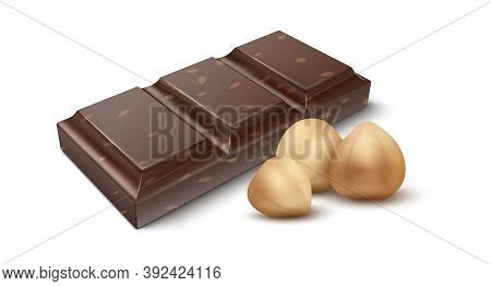 Chocolate With Nuts. Realistic Piece Of Cocoa Dessert And Shelled Hazelnuts. Sweet Snack, Natural In