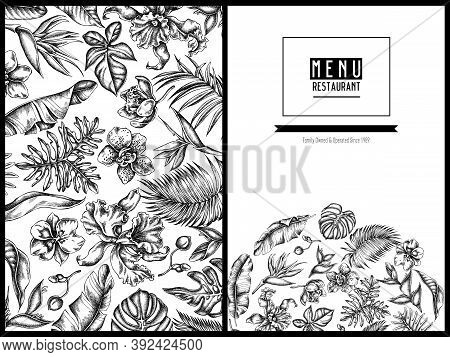 Menu Cover Floral Design With Black And White Monstera, Banana Palm Leaves, Strelitzia, Heliconia, T