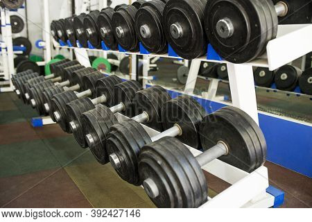 Rows Of Dumbbells In The Gym. Dumbbells On The Rack In The Sports Hall Of The Club