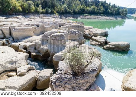 Impressive Rock Formation In The Ain River At Pont De Poitte Village , Jura In France