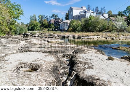 Impressive Rock Formation In The Ain River At Pont De Poitte Village , Jura In France
