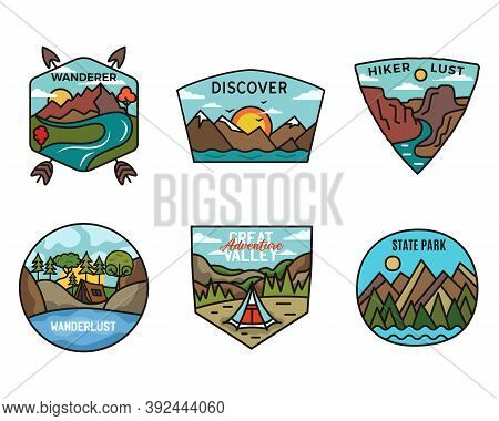 Camping Adventure Badges Logos Set, Vintage Travel Emblems. Hand Drawn Stickers Designs Bundle. Disc