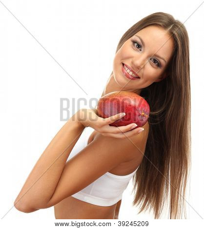 Eautiful junge Frau mit Mango, isolated on white