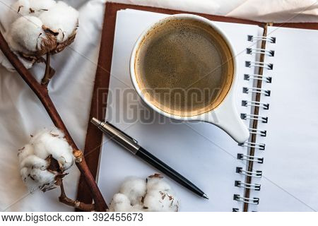 Coffee Mug With Croissant And Empty Notebook And Pencil For Business Plan And Design Ideas Onon Whit