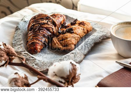 Coffee Mug With Croissant And Empty Notebook And Pencil For Business Plan And Design Ideas Onon Whit