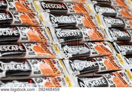 Many Nescafe Caramel Cream Coffee Sticks. Nescafe Is A Brand Of Coffee Made By Nestle, Swiss Multina