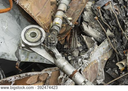 The Wreckage Of The Plane, Parts Of The Steering Rods Of The Burned And Broken Aircraft At The Dump 