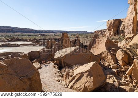 Ancient Rock And Brick Ruins Built By The Anasazi People To Blend In To The Desert Landscape At Chac