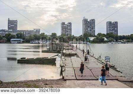 Belgrade, Serbia - July 15, 2017: Pontoon Bridge Over The Danube River Connecting Zemun To The Lido 