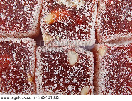 Oriental Sweets, Rahat Lucum On A White Background. Beautiful Background.